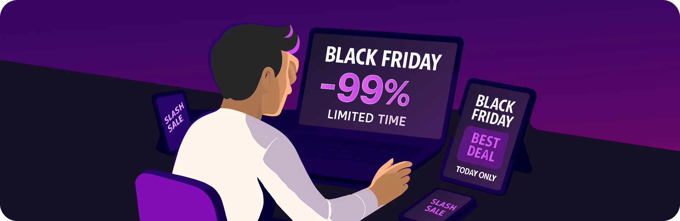 Confused person looking at a couple of screens that are showing Black Friday deals